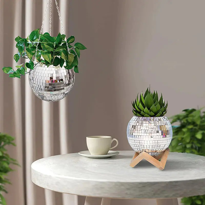 Silver Disco Ball Hanging Planter for Indoor Boho Home Decor